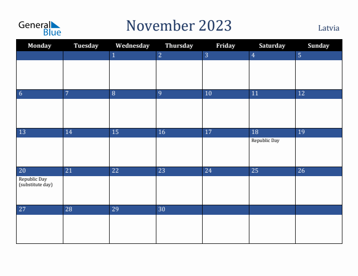 November 2023 Latvia Calendar (Monday Start)