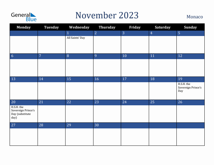 November 2023 Monaco Calendar (Monday Start)