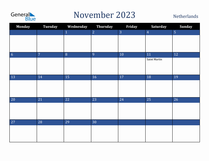November 2023 The Netherlands Calendar (Monday Start)