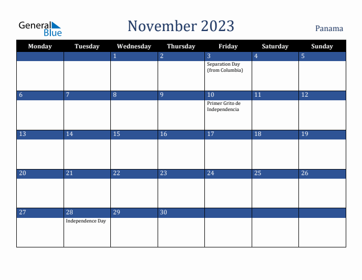 November 2023 Panama Calendar (Monday Start)