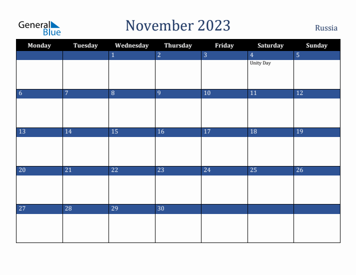November 2023 Russia Calendar (Monday Start)