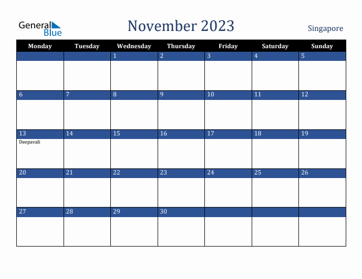 November 2023 Singapore Calendar (Monday Start)