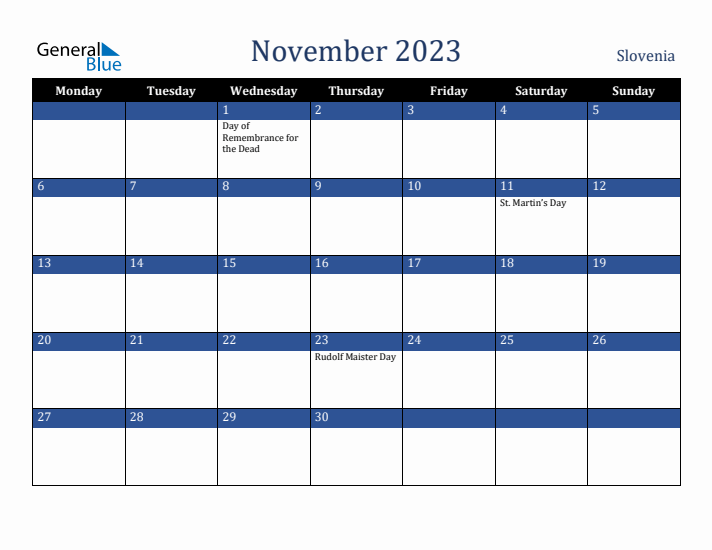 November 2023 Slovenia Calendar (Monday Start)