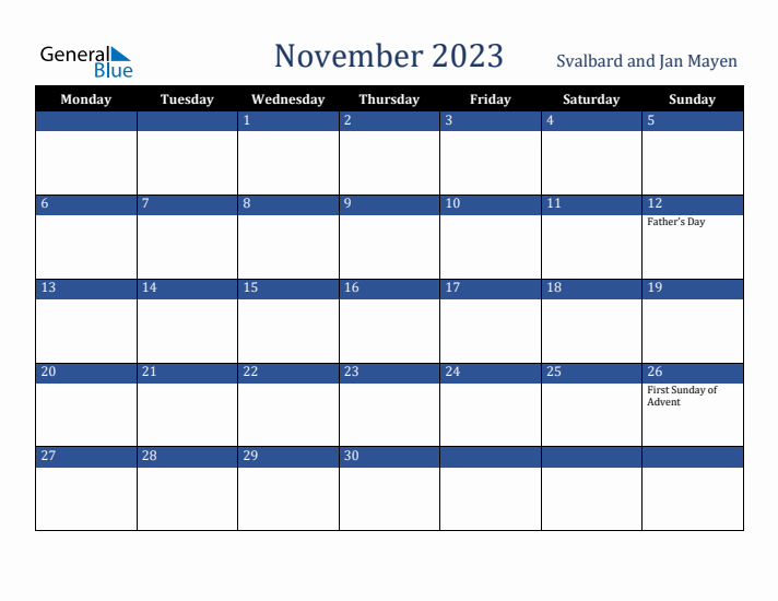 November 2023 Svalbard and Jan Mayen Calendar (Monday Start)