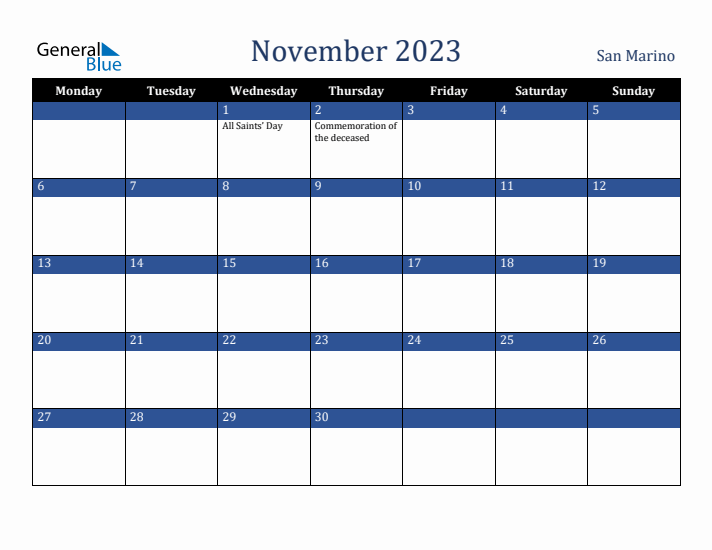 November 2023 San Marino Calendar (Monday Start)