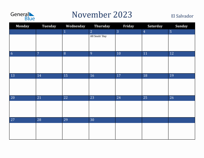November 2023 El Salvador Calendar (Monday Start)