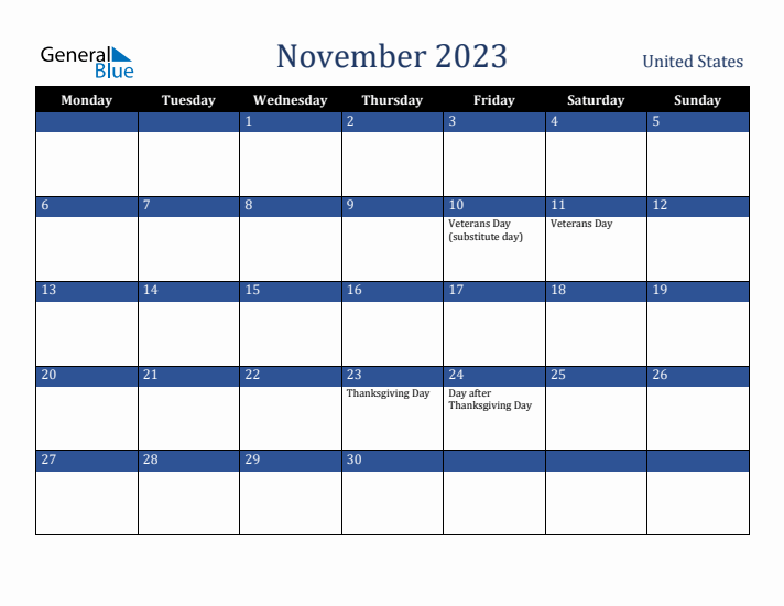 November 2023 United States Calendar (Monday Start)
