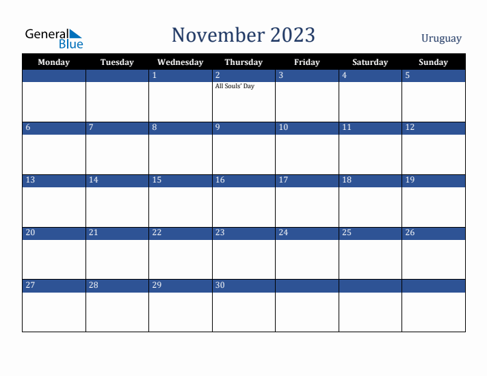 November 2023 Uruguay Calendar (Monday Start)