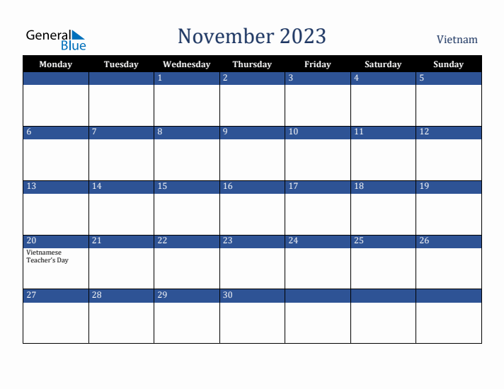 November 2023 Vietnam Calendar (Monday Start)