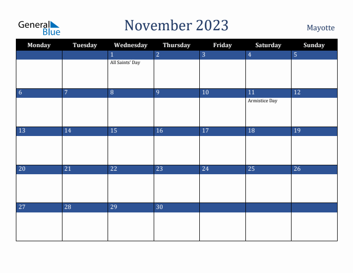 November 2023 Mayotte Calendar (Monday Start)