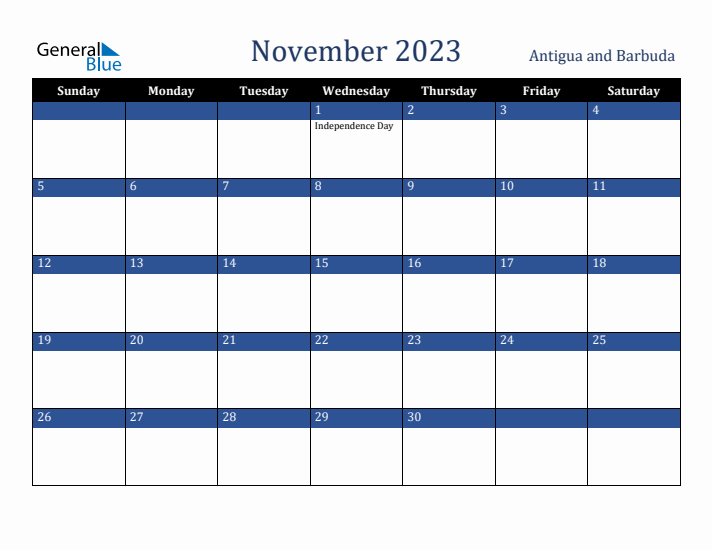 November 2023 Antigua and Barbuda Calendar (Sunday Start)