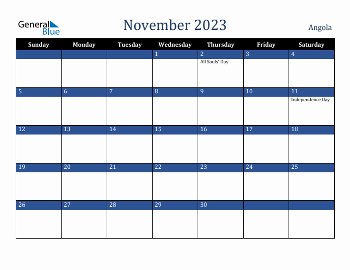 November 2023 Angola Calendar (Sunday Start)