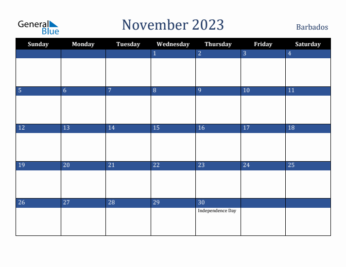 November 2023 Barbados Calendar (Sunday Start)