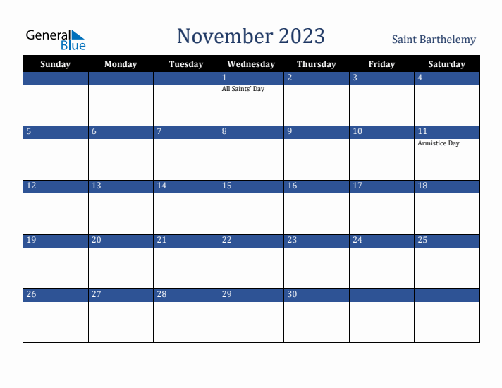 November 2023 Saint Barthelemy Calendar (Sunday Start)