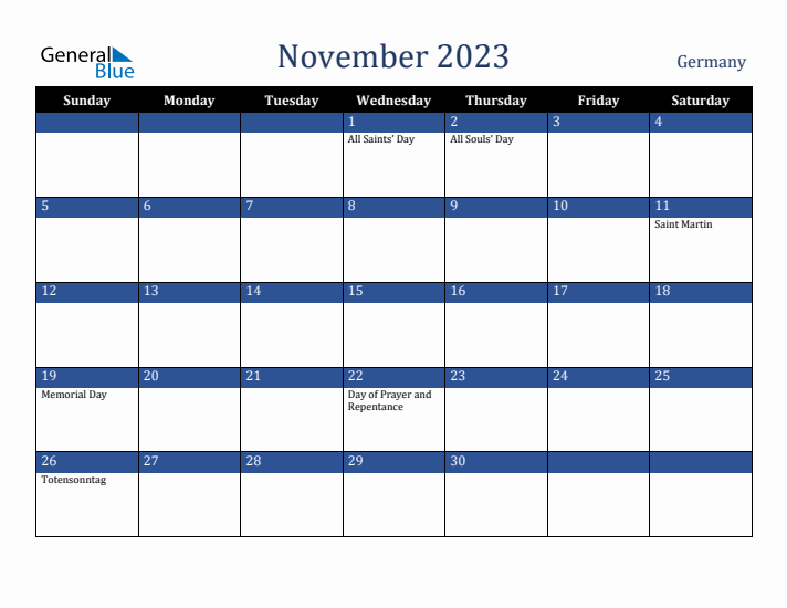 November 2023 Germany Calendar (Sunday Start)