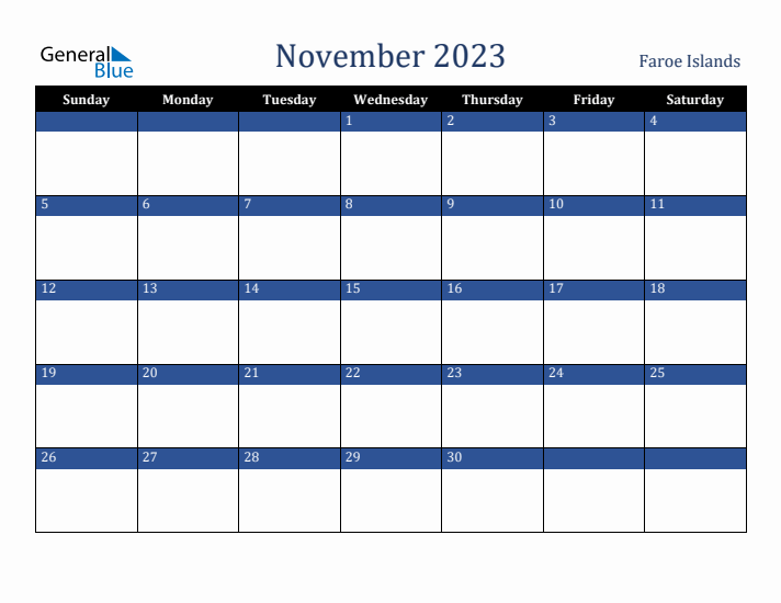 November 2023 Faroe Islands Calendar (Sunday Start)