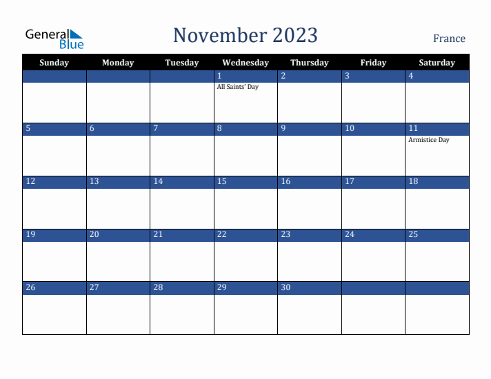 November 2023 France Calendar (Sunday Start)