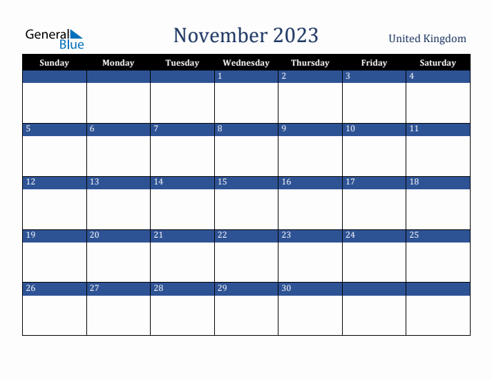 November 2023 United Kingdom Calendar (Sunday Start)