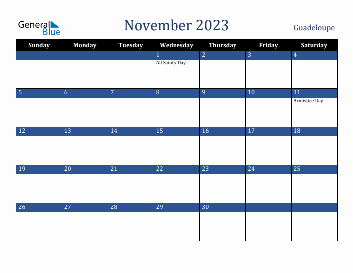 November 2023 Guadeloupe Calendar (Sunday Start)