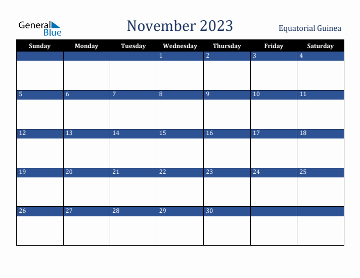 November 2023 Equatorial Guinea Calendar (Sunday Start)