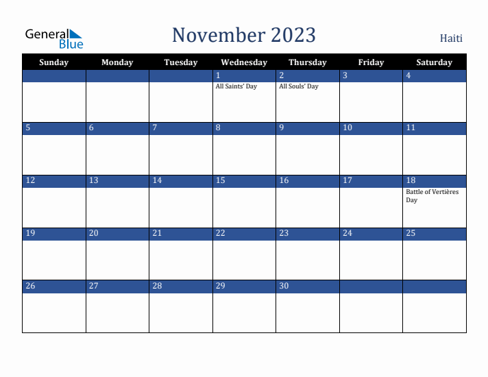 November 2023 Haiti Calendar (Sunday Start)