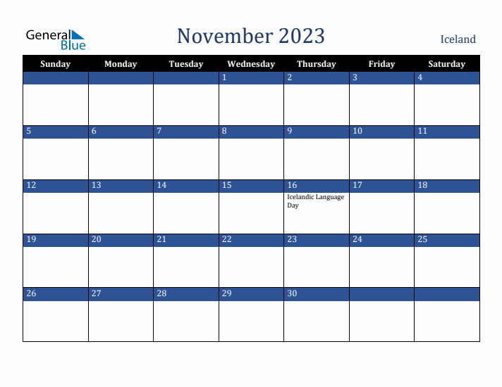 November 2023 Iceland Calendar (Sunday Start)
