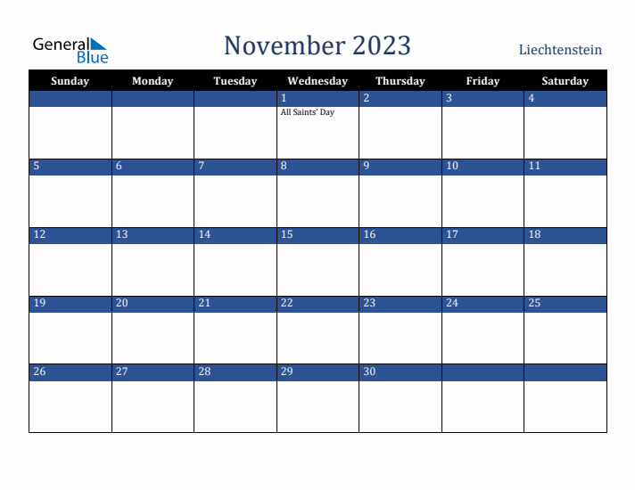 November 2023 Liechtenstein Calendar (Sunday Start)
