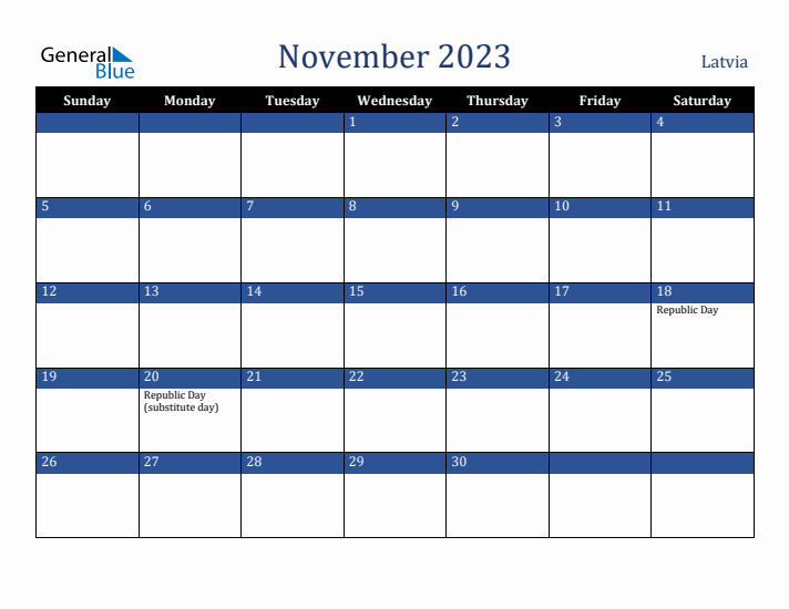 November 2023 Latvia Calendar (Sunday Start)