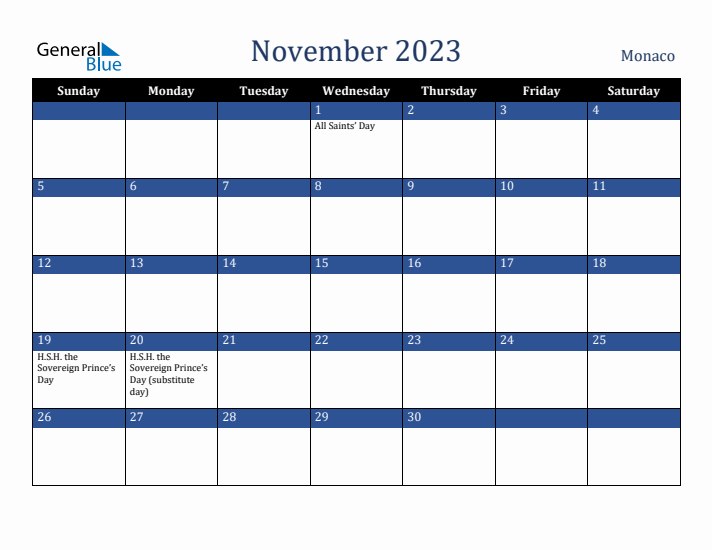 November 2023 Monaco Calendar (Sunday Start)