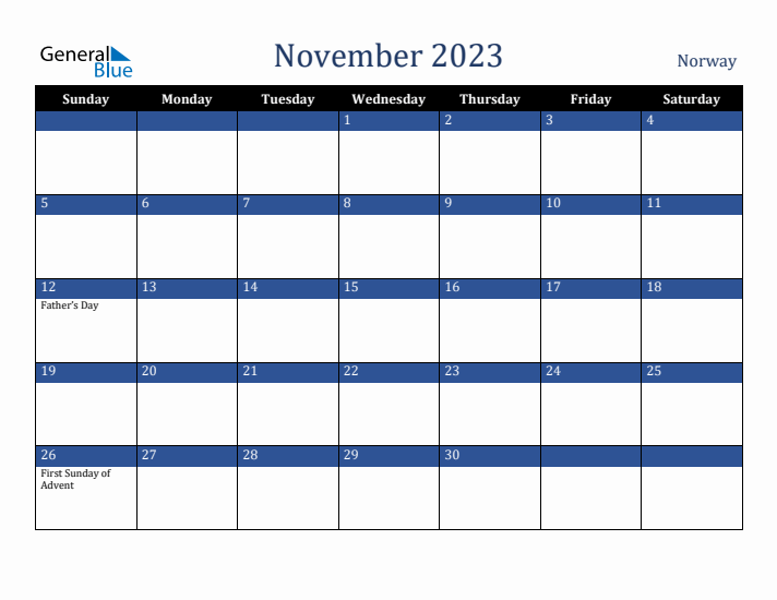 November 2023 Norway Calendar (Sunday Start)
