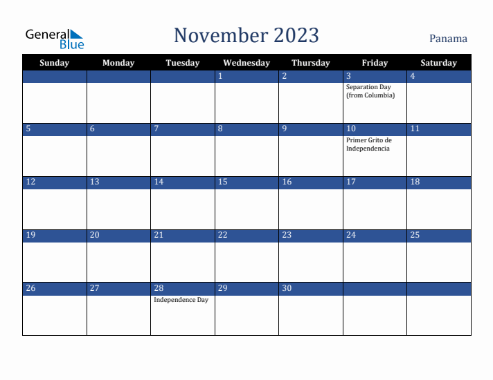 November 2023 Panama Calendar (Sunday Start)