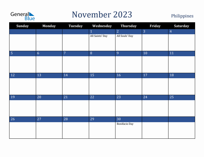 November 2023 Philippines Calendar (Sunday Start)