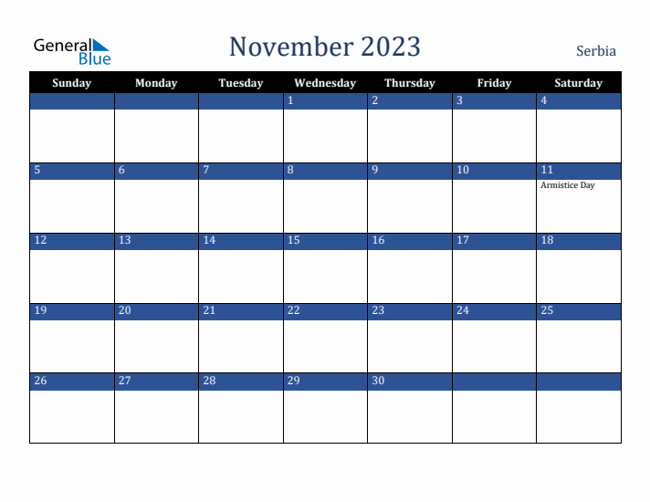November 2023 Serbia Calendar (Sunday Start)