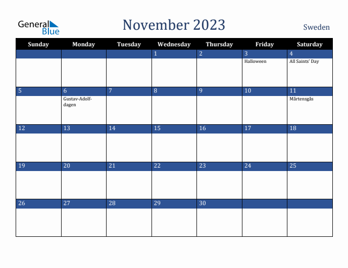 November 2023 Sweden Calendar (Sunday Start)