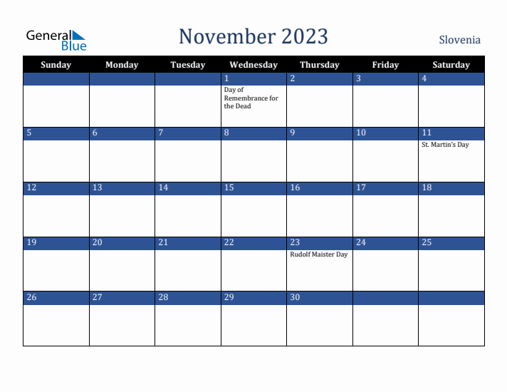 November 2023 Slovenia Calendar (Sunday Start)