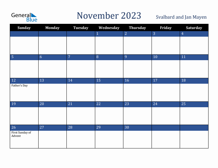 November 2023 Svalbard and Jan Mayen Calendar (Sunday Start)