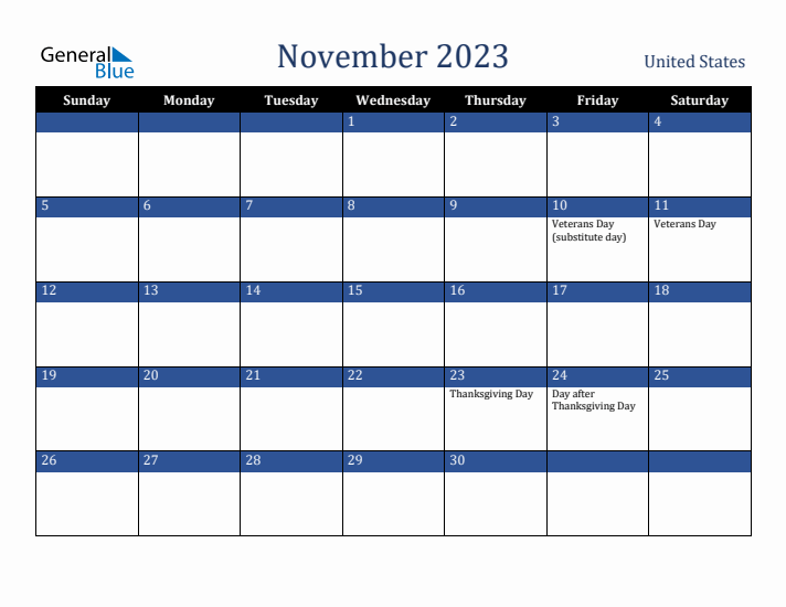 November 2023 United States Calendar (Sunday Start)