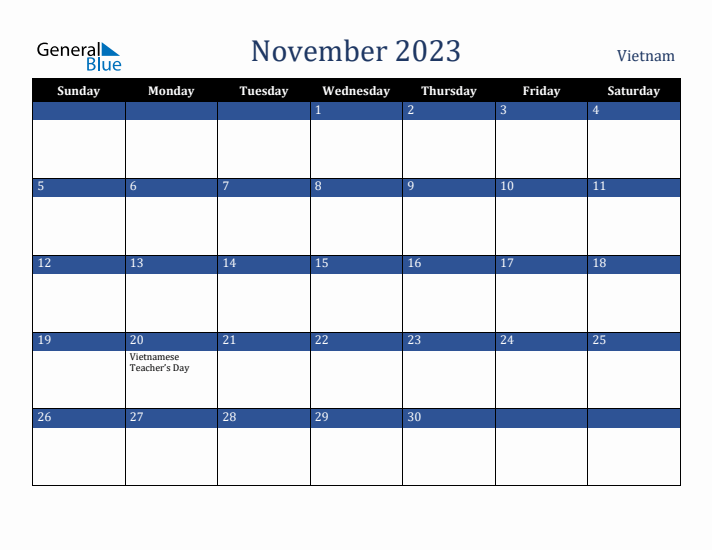 November 2023 Vietnam Calendar (Sunday Start)