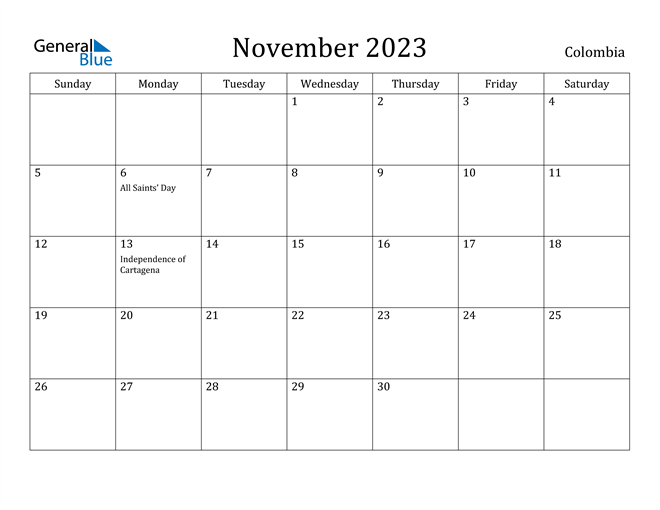 November 2023 Calendar Colombia