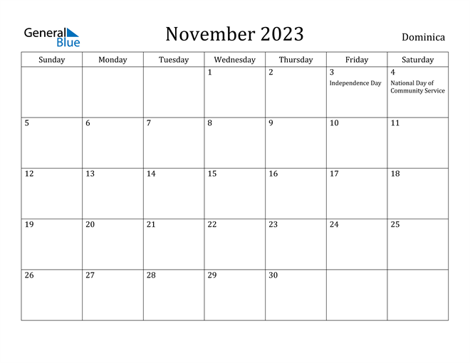 November 2023 Calendar Dominica