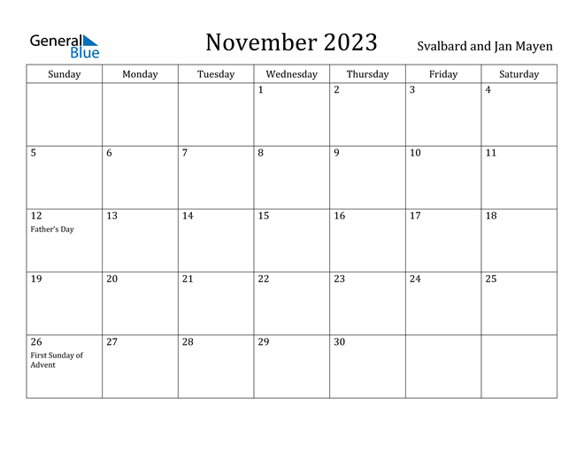 November 2023 Calendar with Svalbard and Jan Mayen Holidays