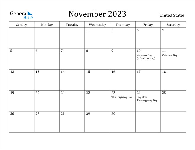 November 2023 Calendar with United States Holidays