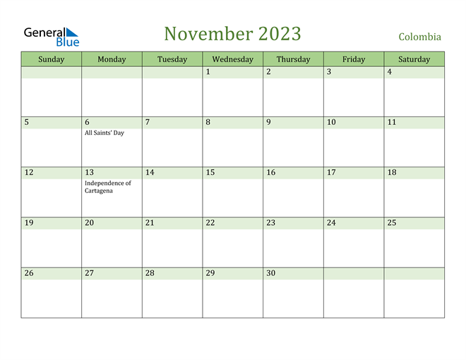 November 2023 Calendar with Colombia Holidays