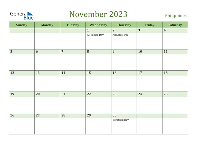 November 2023 Calendar With Philippines Holidays