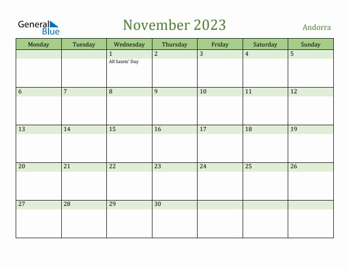 November 2023 Calendar with Andorra Holidays