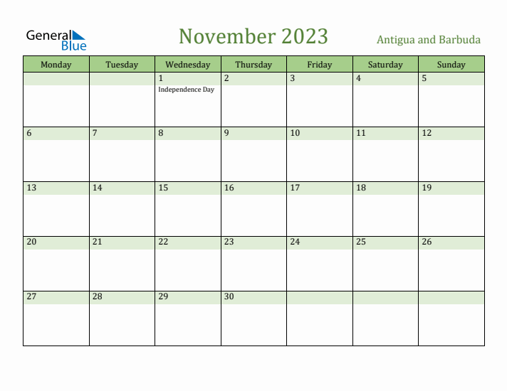 November 2023 Calendar with Antigua and Barbuda Holidays