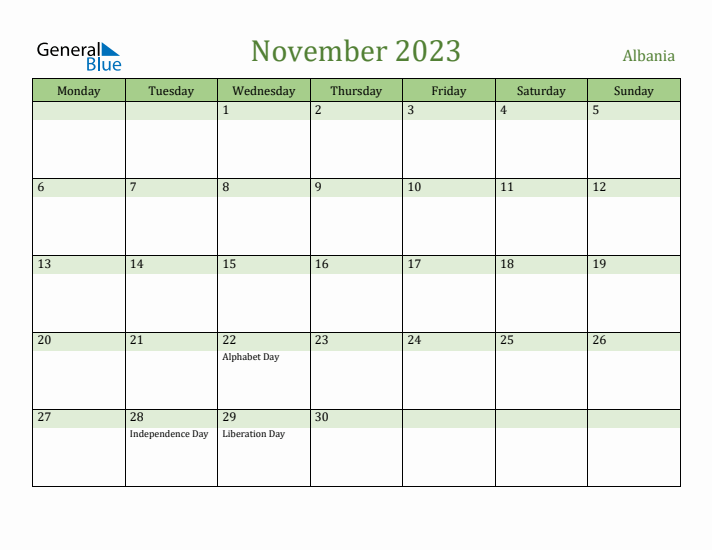 November 2023 Calendar with Albania Holidays