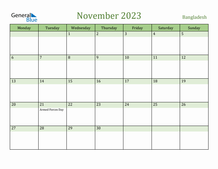 November 2023 Calendar with Bangladesh Holidays