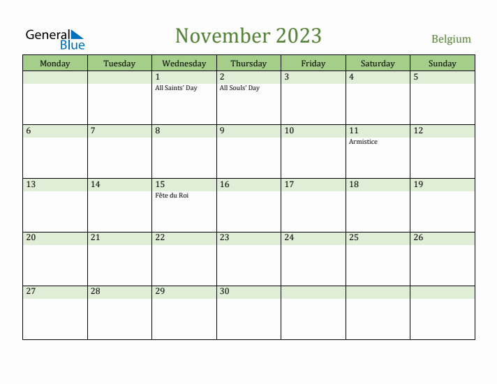 November 2023 Calendar with Belgium Holidays