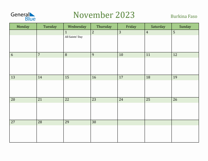 November 2023 Calendar with Burkina Faso Holidays